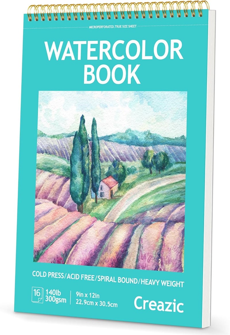 Creazic 9"x12" Watercolor Paper Pad, Spiral Bound with Tear Line, 16 Sheets (140lb/300g): Art and School Supplies- Water Color Paper for Adults Kids-Watercolors, Watercolor Sketches, and Art Journals - Image 1